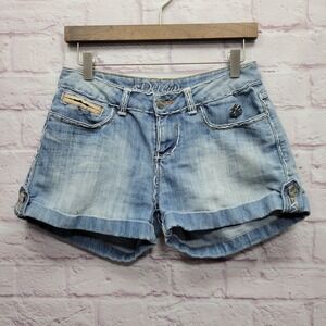 Y2K Dereon Low Rise Denim Shorts Sz 6 Rolled Cuff Retro Hipster Micro Mini Flaps